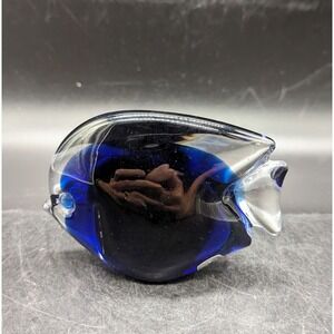 Vintage Marcolin Italy Art Glass Fish Paperweight Blue Clear 6" L x 4" H  Signed